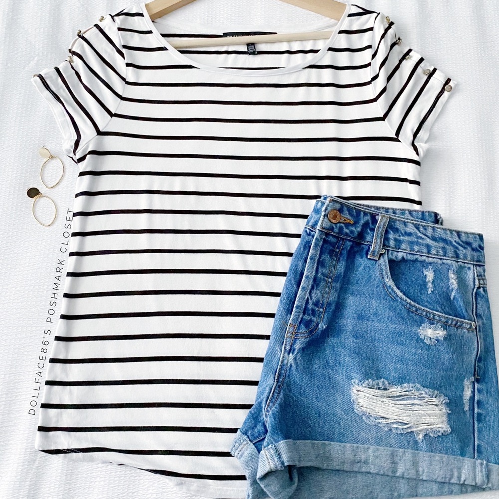 WHBM Black & White Stripe Top With Button Sleeves